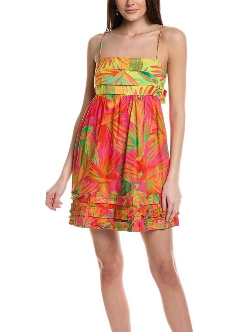 Farm Rio Girls Tropical Print Spaghetti Strap Dress in Pink and Yellow